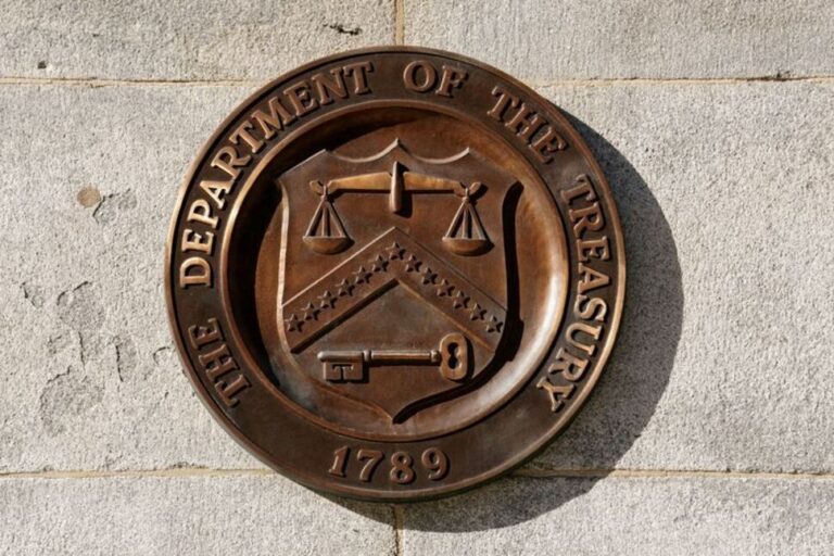 Yemen Kuwait Bank FILE PHOTO: A bronze seal for the Department of the Treasury is shown at the U.S. Treasury building in Washington, U.S., January 20, 2023. REUTERS/Kevin Lamarque/File Photo